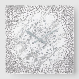 Silver Grått Diamond Crystals Marble White Strokes Fyrkantig Klocka