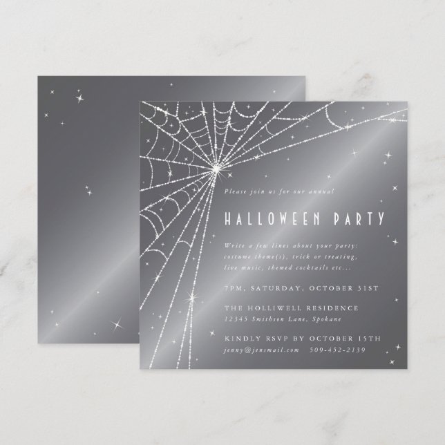 Silver-Grått Diamond Spindelnät Halloween fest Inbjudningar (Fram/baksida)