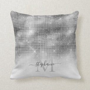Silver Grått Disco Boll Mosaic Sparkly Monogram Kudde