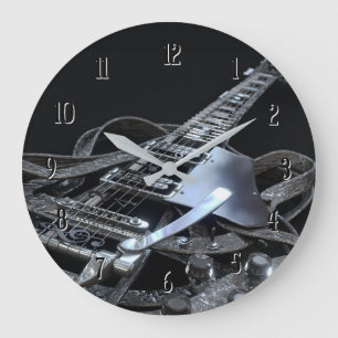 Silver Grått Electric Guitar Round Clock Stor Klocka