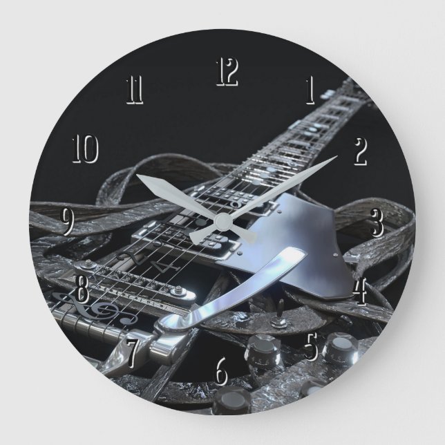 Silver Grått Electric Guitar Round Clock Stor Klocka (Framsida)