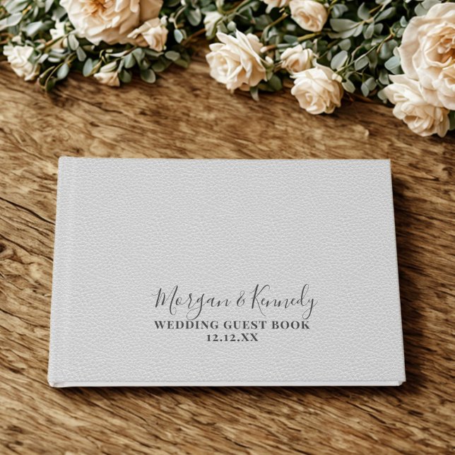 Silver Grått Faux Leather Se Bröllop Guest Bok (An elegant soft gray leather look wedding guest book. Just add your names and wedding date)