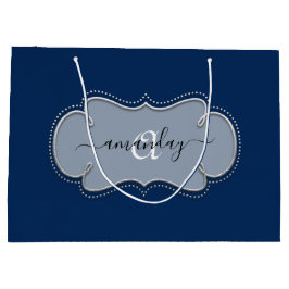 Silver Grått Framed Royal Monogram Namn Blue Navy