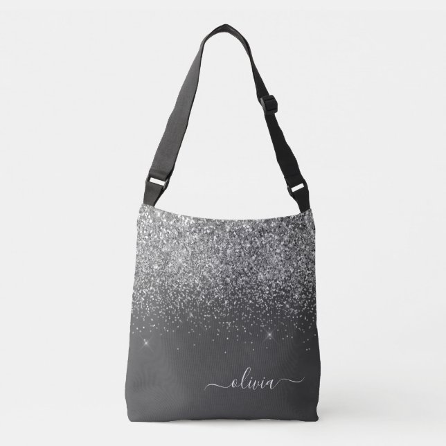 Silver Grått Girly Glitter Gnistra Monogram Namn Axelväska (Framsida)