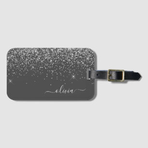 Silver Grått Girly Glitter Gnistra Monogram Namn Bagagebricka