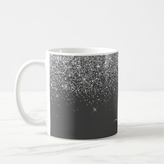 Silver Grått Girly Glitter Gnistra Monogram Namn Kaffemugg (Vänster)