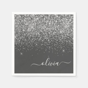 Silver Grått Girly Glitter Gnistra Monogram Namn Pappersservett