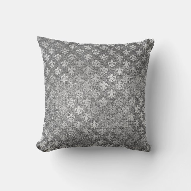 Silver Grått Glam Glass Glitter Fleur de Lis Kudde (Framsida)