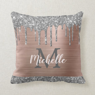 Silver Grått Glitter Drips Rosa Metall Monogrammed Kudde