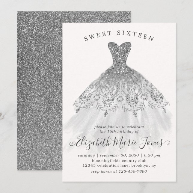 Silver Grått Glitter Glam Dress Sweet 16:e födelse Inbjudningar (Fram/baksida)