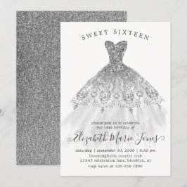 Silver Grått Glitter Glam Dress Sweet 16:e födelse Inbjudningar