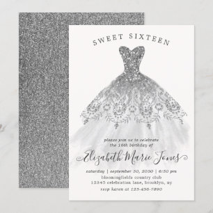 Silver Grått Glitter Glam Dress Sweet 16:e födelse Inbjudningar