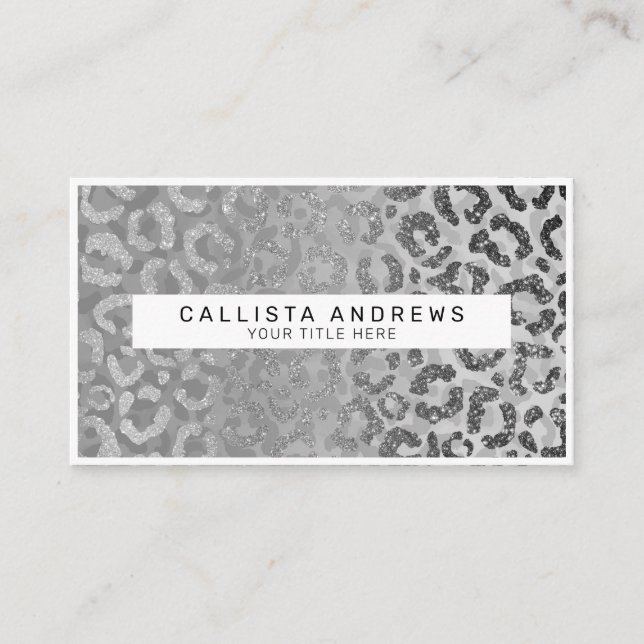 Silver Grått Glitter Leopard Animal Print Monogram Visitkort (Framsida)