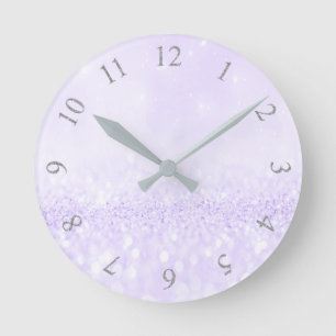 Silver Grått Glitter Minimal Lavender Lila Rund Klocka