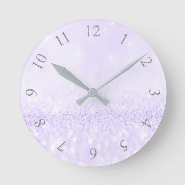 Silver Grått Glitter Minimal Lavender Lila Rund Klocka (Framsida)