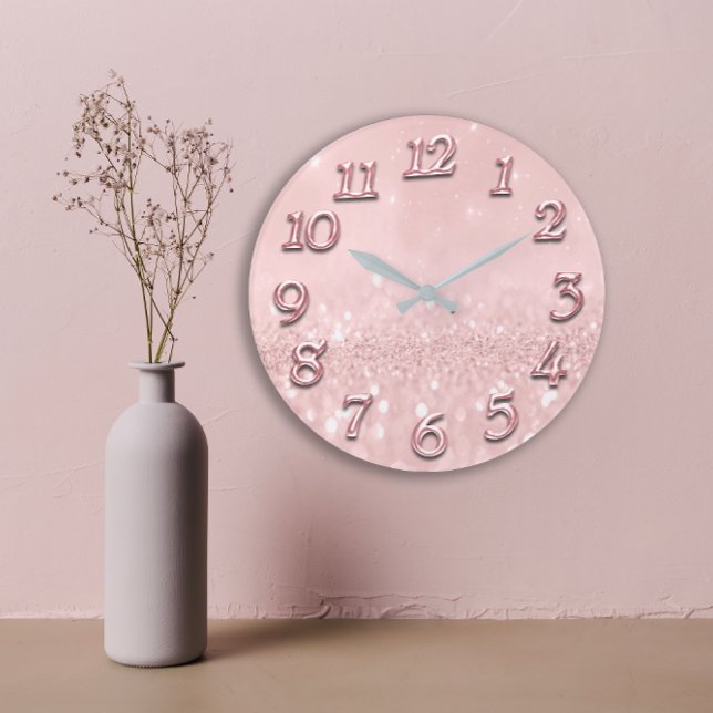 Silver Grått Glitter Minimal Rosa ros  Girly Stor Klocka (Silver Gray Glitter Minimal Pink Rose Blush Girly Large Clock )
