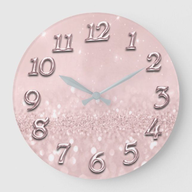 Silver Grått Glitter Minimal Rosa ros Pastel Girly Stor Klocka (Framsida)
