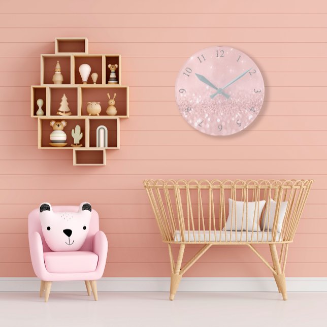 Silver Grått Glitter Minimal Rosa ros  Rund Klocka (Silver Gray Glitter Minimal Pink Rose Blush Round Clock)