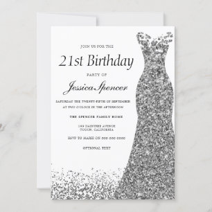 Silver Grått Glitter Womans 21:a födelsedag Party Inbjudningar