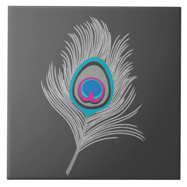 Silver Grått/Grått Peacock Feather på grafit Kakelplatta (Framsidan)