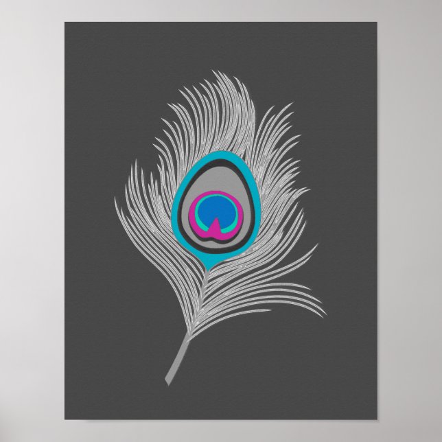 Silver Grått/Grått Peacock Feather på grafit Poster (Framsidan)