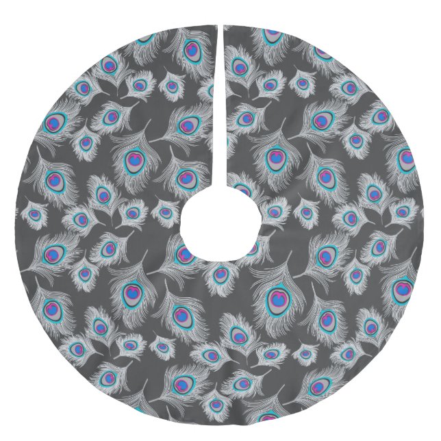 Silver Grått/Grått Peacock Fjädrar på grafit Julgransmatta Borstad Polyester (Framsidan)