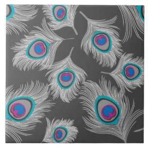 Silver Grått/Grått Peacock Fjädrar på grafit Kakelplatta
