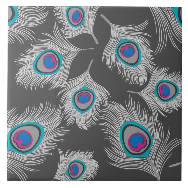 Silver Grått/Grått Peacock Fjädrar på grafit Kakelplatta (Framsidan)