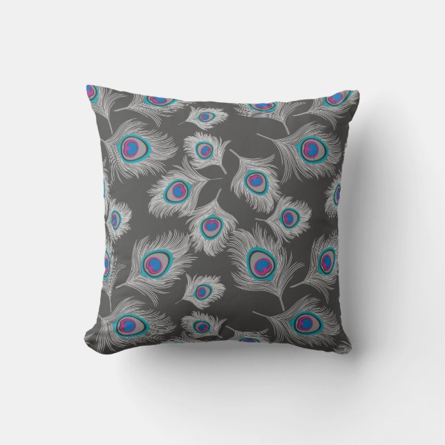 Silver Grått/Grått Peacock Fjädrar på grafit Kudde (Framsida)
