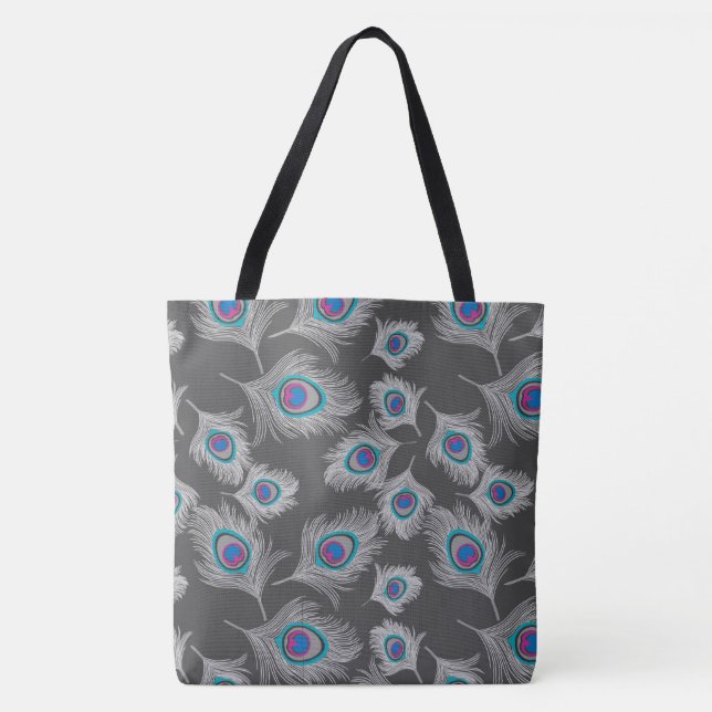 Silver Grått/Grått Peacock Fjädrar på grafit Tygkasse (Framsida)