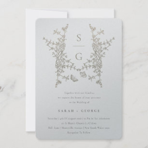 Silver Grått Guld Botaniska Vapenskölden Monogram Inbjudningar