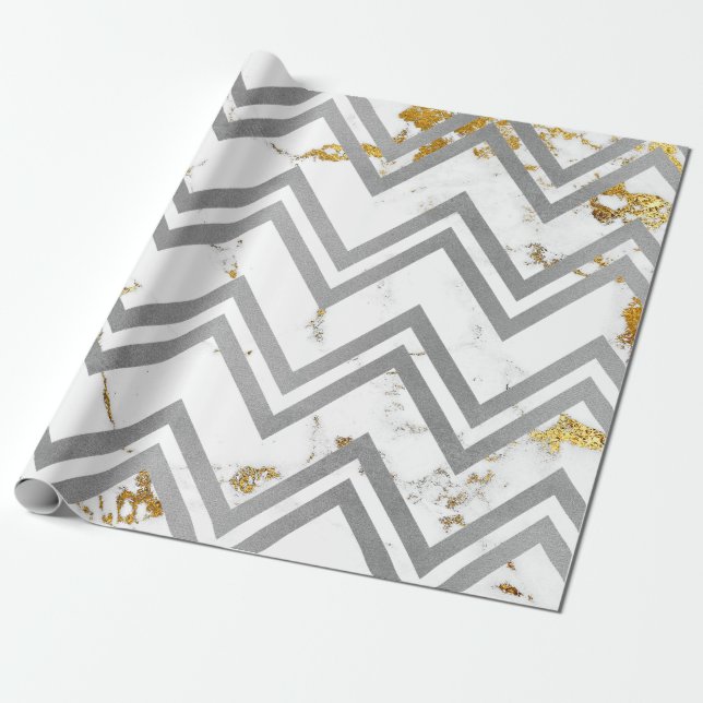 Silver Grått Guld Marble Carrara Chevron Zig Zag Presentpapper (Utrullad)