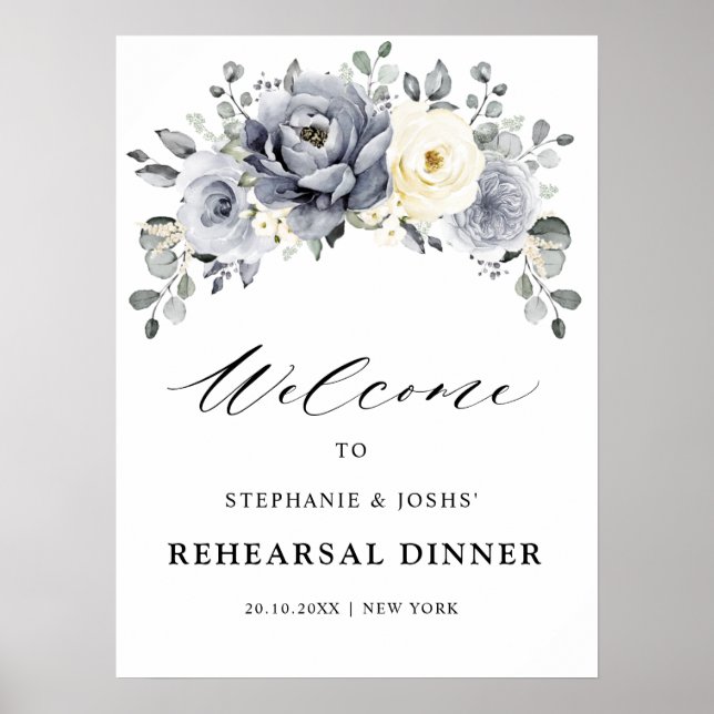 Silver Grått Ivory Blommigt Rehearsal Dinner Välko Poster (Framsidan)