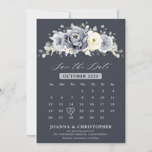 Silver Grått Ivory Blommigt Winter Rustic Calendar Spara Datumet (Framsida)