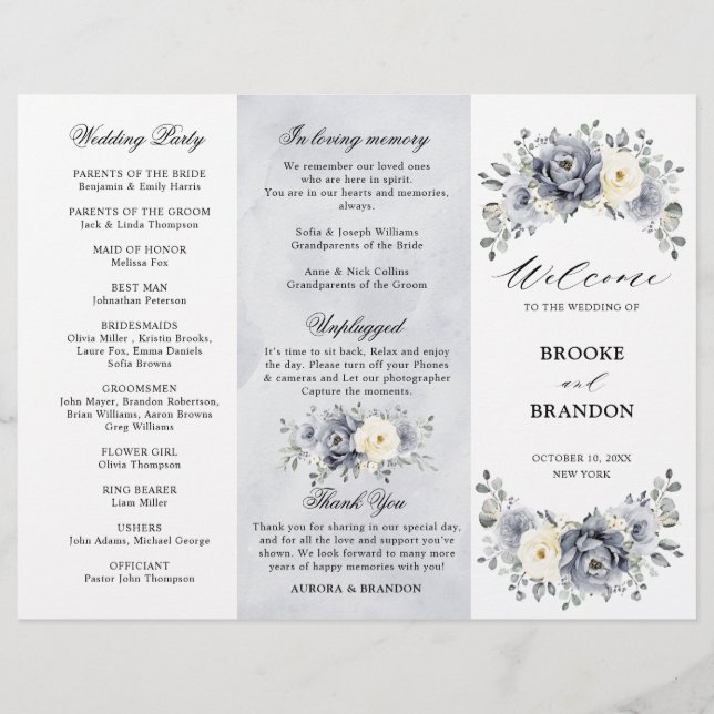 Silver Grått Ivory Winter Wedding Tri-Fold Program (Framsida)
