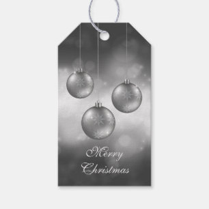 Silver Grått jul Baubles on Red Bokeh Presentetikett
