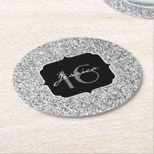 Silver grått light glitter sparkles Sweet 16 Underlägg Papper Rund