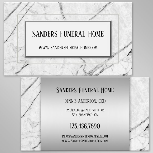 Silver Grått Marble Chic Affärskort Visitkort (Business card featuring a black and white marble design with silver lining - undertaker - cremation)