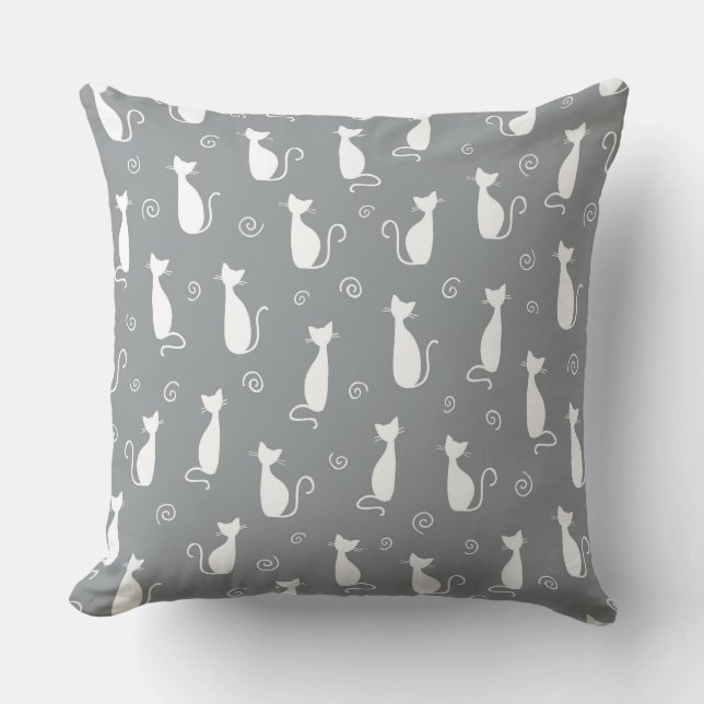 SILVER GRÅTT MED VITA KATSILHOUETTER KUDDE (Framsida)