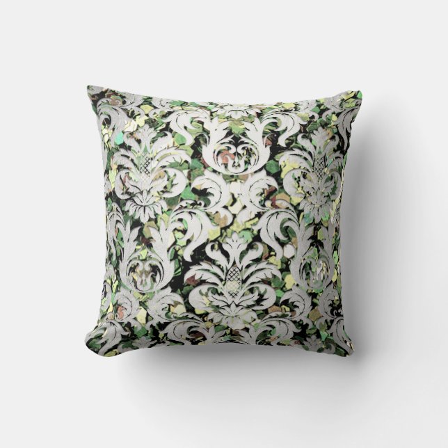 Silver Grått Metallic Damask Woodland Grönt Grått Kudde (Framsida)