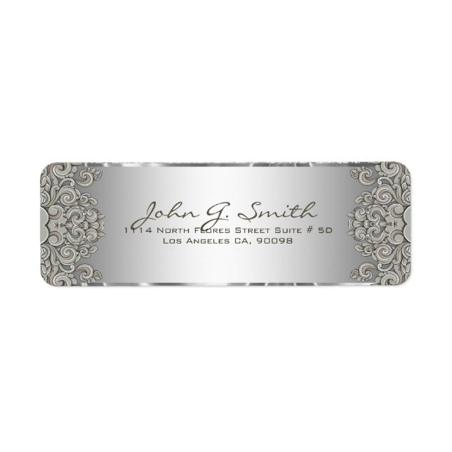 Silver Grått Metallic Mönster Blommigt Swirls Returadress Etikett (Framsidan)