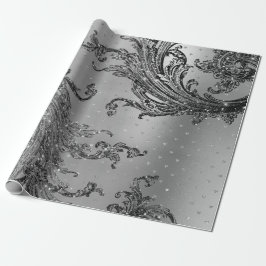 Silver Grått Metalllic Crystal Damask Hearts Black Presentpapper