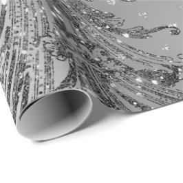 Silver Grått Metalllic Crystal Damask Hearts Black Presentpapper