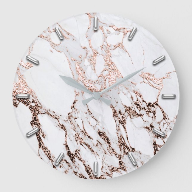 Silver Grått-minimalism Metallic Marble Ro Guld Stor Klocka (Framsida)
