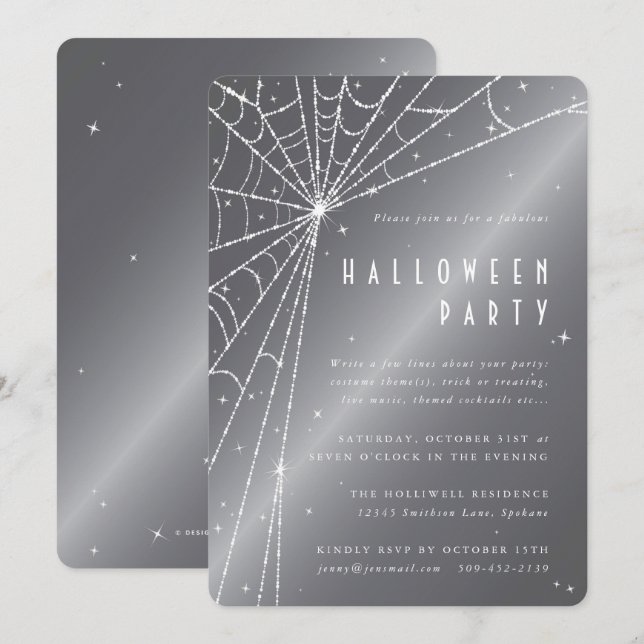 Silver-Grått mousserande Spindelnät Halloween fest Inbjudningar (Fram/baksida)