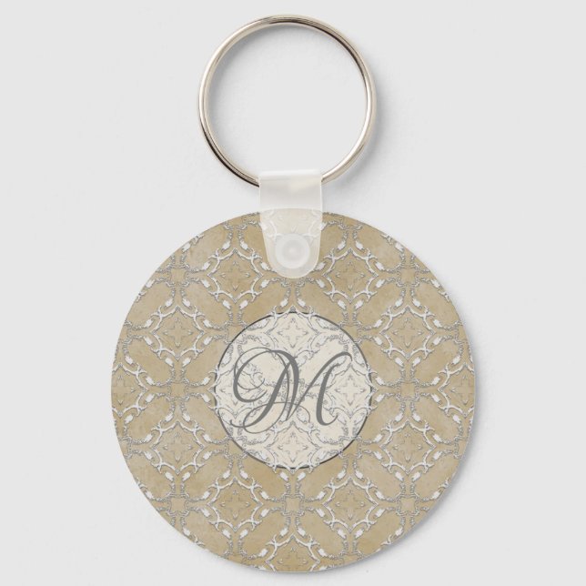 Silver Grått och Beige Metallic Filagret Mönster Nyckelring (Framsida)