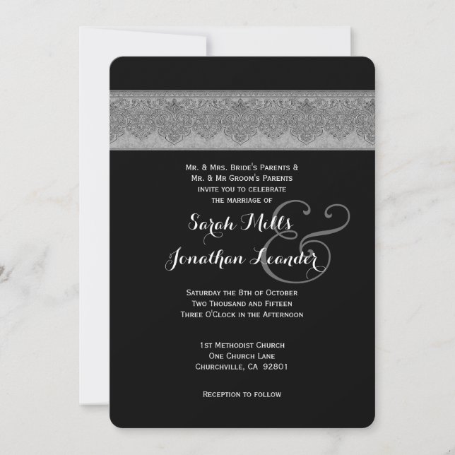 Silver Grått och Black Damask Wedding Template V07 Inbjudningar (Framsida)