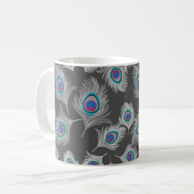 Silver Grått och turkos Peacock Feather Kaffemugg (Framsida vänster)