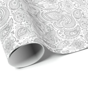 Silver Grått och vit Blommigt Paisley Mönster Presentpapper
