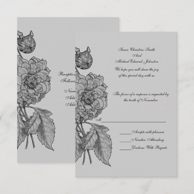 Silver Grått Peony Blommigt Bröllop OSA Kort (Fram/baksida)